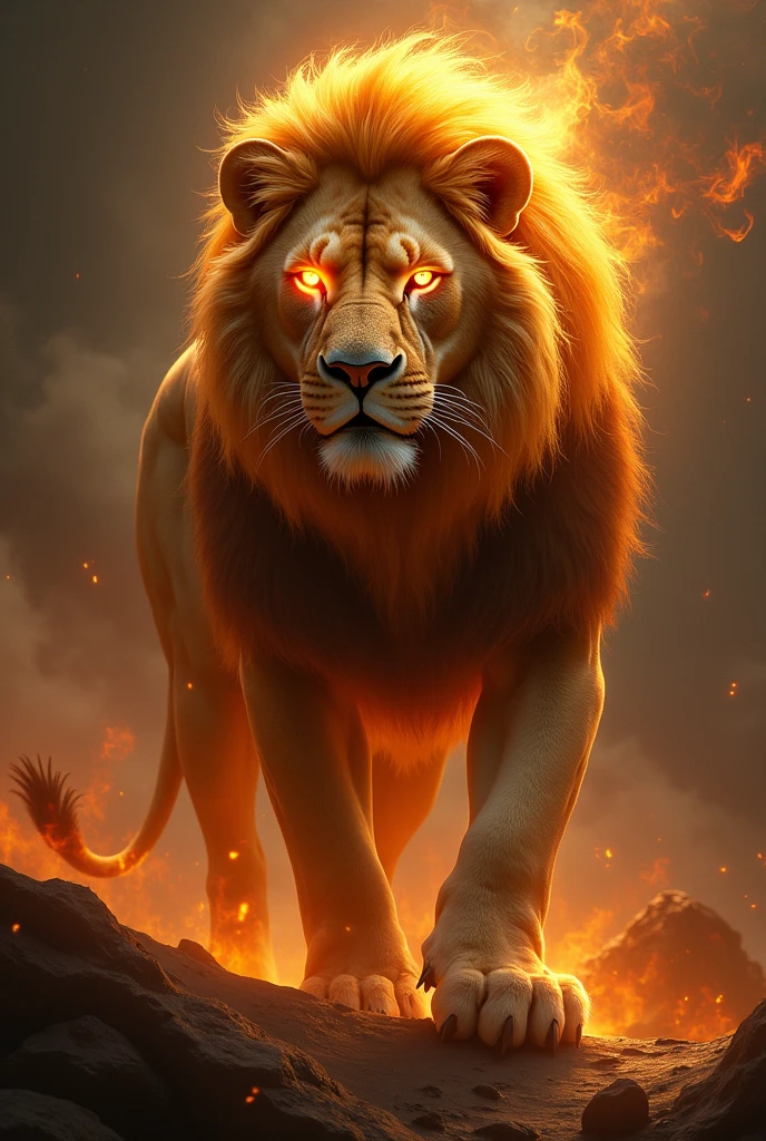 a lion with eyes of flaming fire