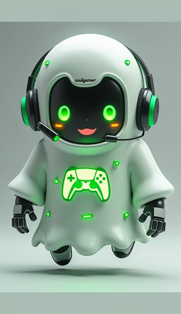 Create a medium-sized robot pet with a ghost-like appearance. With slightly rounded shapes resembling a drop. Create a medium-sized robot pet with a ghost-like appearance. With slightly rounded shapes resembling a drop. On your hands you have well defined fingers. His facial expression has large, green eyes with a glow, conveying a friendly and cheerful expression. He has a small open mouth with a happy smile and flushed cheeks.. Its body is white with small green details and a smooth, slightly shiny texture.. On his forehead is written the word "Soulgamer".He has a headset on his head with an adjustable microphone positioned close to his mouth.. And on his chest you can see the illuminated shape of a Playstation 5 controller in fluorescent green.. It floats in the air, as if he were ready for an adventure.