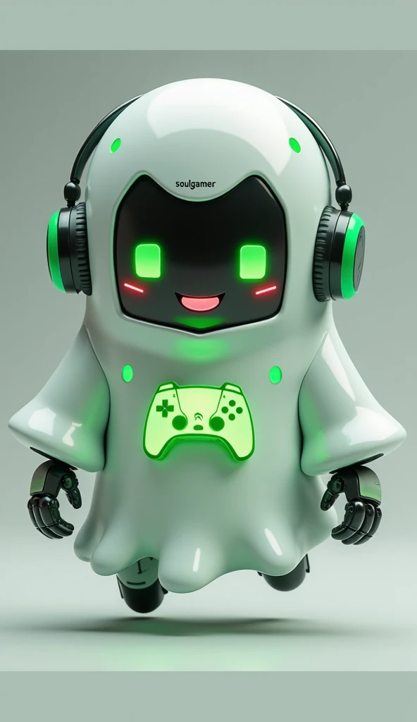 Create a medium-sized robot pet with a ghost-like appearance. With slightly rounded shapes resembling a drop. Create a medium-sized robot pet with a ghost-like appearance. With slightly rounded shapes resembling a drop. On your hands you have well defined fingers. His facial expression has large, green eyes with a glow, conveying a friendly and cheerful expression. He has a small open mouth with a happy smile and flushed cheeks.. Its body is white with small green details and a smooth, slightly shiny texture.. On his forehead is written the word "Soulgamer".He has a headset on his head with an adjustable microphone positioned close to his mouth.. And on his chest you can see the illuminated shape of a Playstation 5 controller in fluorescent green.. It floats in the air, as if he were ready for an adventure.