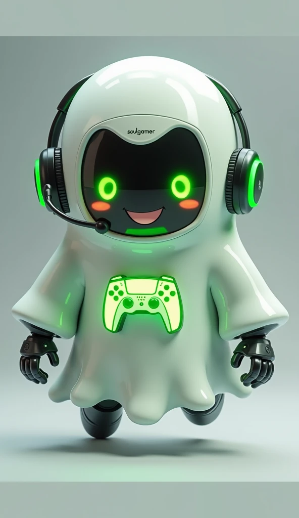 Create a medium-sized robot pet with a ghost-like appearance. With slightly rounded shapes resembling a drop. Create a medium-sized robot pet with a ghost-like appearance. With slightly rounded shapes resembling a drop. On your hands you have well defined fingers. His facial expression has large, green eyes with a glow, conveying a friendly and cheerful expression. He has a small open mouth with a happy smile and flushed cheeks.. Its body is white with small green details and a smooth, slightly shiny texture.. On his forehead is written the word "Soulgamer".He has a headset on his head with an adjustable microphone positioned close to his mouth.. And on his chest you can see the illuminated shape of a Playstation 5 controller in fluorescent green.. It floats in the air, as if he were ready for an adventure.