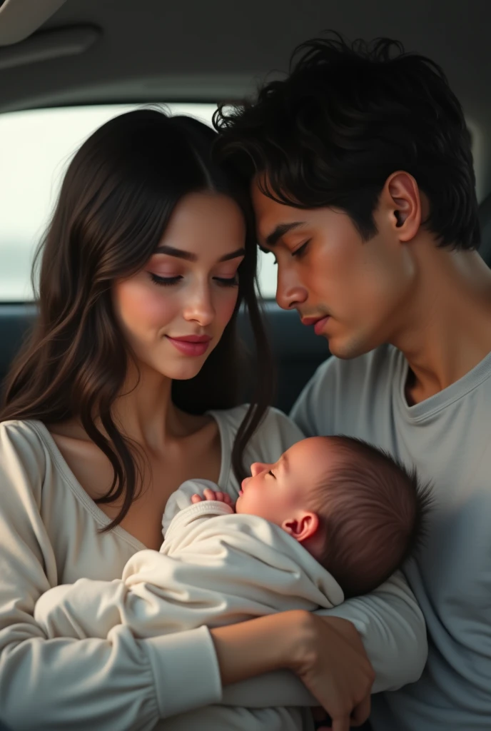  a 20 year old girl with very white skin, long and very straight dark brown hair, dark brown eyes, a 20 year old boy with very white skin, dark brown wavy hair, dark brown eyes, The girl is holding a , The girl and the boy are in a car