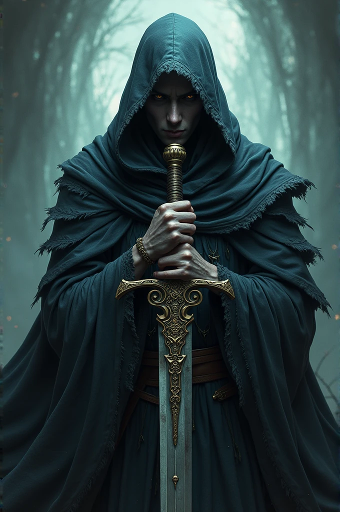 Human warlock with sword and hood