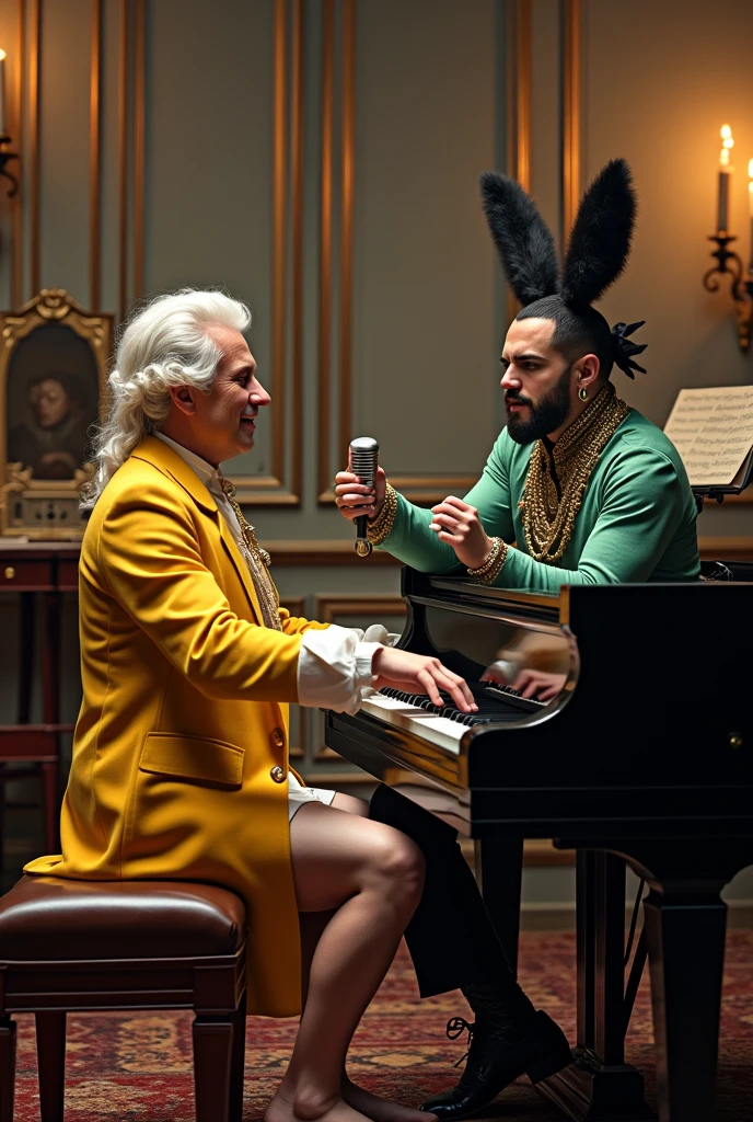 Mozart with Bad Bunny making music 