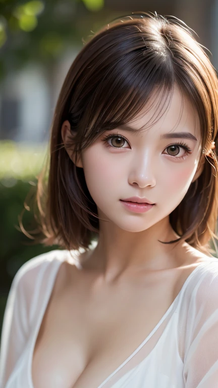 Highest quality、8k傑作、Ultra-high resolution、(Photorealistic:1.3)、RAW Photos、1 person、Brown hair short bob、Glowing Skin、1 personの超美人女子大生、((Ultra-Realistic Details))、Portrait、Global Illumination、Shadow、Octane Rendering、8k、Super sharp、Very intricate details、Realistic Light、CGSoation Trend、Beautiful Eyes、Shining Eyes、To the camera、White shirt、sheer、blush、Cleavage