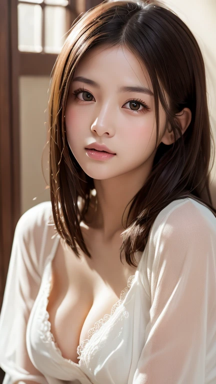 Highest quality、8k傑作、Ultra-high resolution、(Photorealistic:1.3)、RAW Photos、1 person、Brown hair short bob、Glowing Skin、1 personの超美人女子大生、((Ultra-Realistic Details))、Portrait、Global Illumination、Shadow、Octane Rendering、8k、Super sharp、Very intricate details、Realistic Light、CGSoation Trend、Beautiful Eyes、Shining Eyes、To the camera、White shirt、sheer、blush、Cleavage