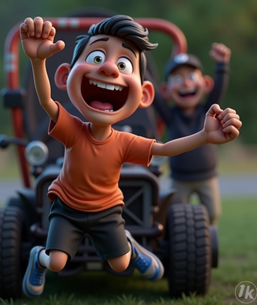 Cartoon character of a man in a orange t-shirt and black shorts with his arms raised in celebration, um personagem animado, Caractere estilizado, animation style rendering, 3D estilizado, Arnold Maya render, 3 d render stylized, toon render keyshot, Personagem 3D, Personagem 3D, 3d rendering stylized, 3 d character render, personagem de desenho animado, Personagem de close up, Pose de personagem, (Estilo Pixar) (master part:1.2) (Bokeh) (best quality) (pele detalhada) (textura detalhada) (8k) (argila) (Cinematic lighting) (foco nítido