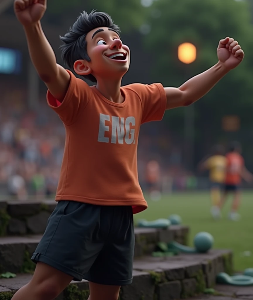 Cartoon character of a man in a orange t-shirt and black shorts with his arms raised in celebration, um personagem animado, Caractere estilizado, animation style rendering, 3D estilizado, Arnold Maya render, 3 d render stylized, toon render keyshot, Personagem 3D, Personagem 3D, 3d rendering stylized, 3 d character render, personagem de desenho animado, Personagem de close up, Pose de personagem, (Estilo Pixar) (master part:1.2) (Bokeh) (best quality) (pele detalhada) (textura detalhada) (8k) (argila) (Cinematic lighting) (foco nítido