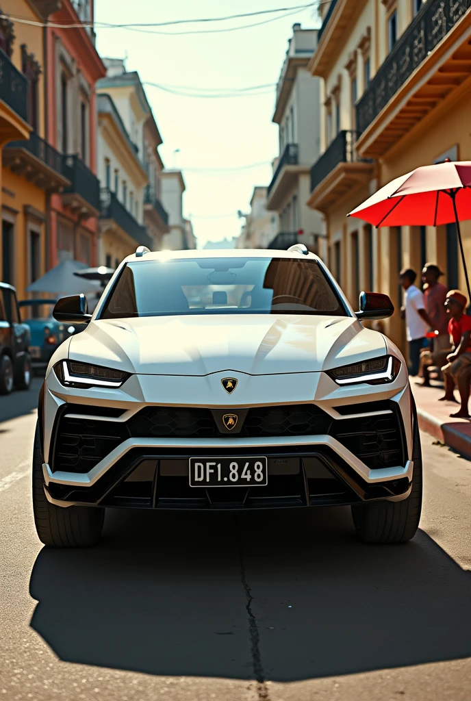 Design a white Lamborghini Urus pickup truck being driven through the streets of Cuba