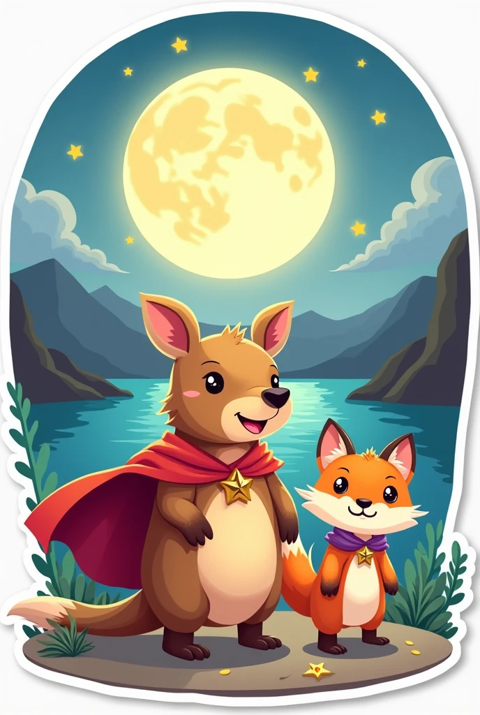 Cute armadillo with a cape and a fox at a party under the full moon and Lake Titicaca, cute animated sticker ,on white background sticker