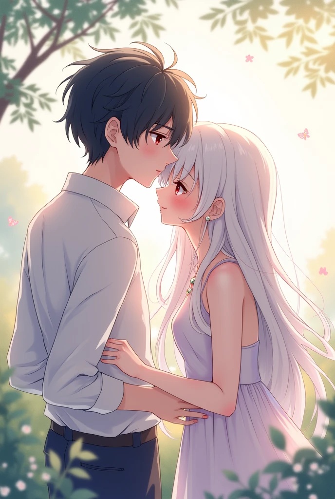 Anime boy with black hair and red eyes kissing a white haired anime girl on the forehead