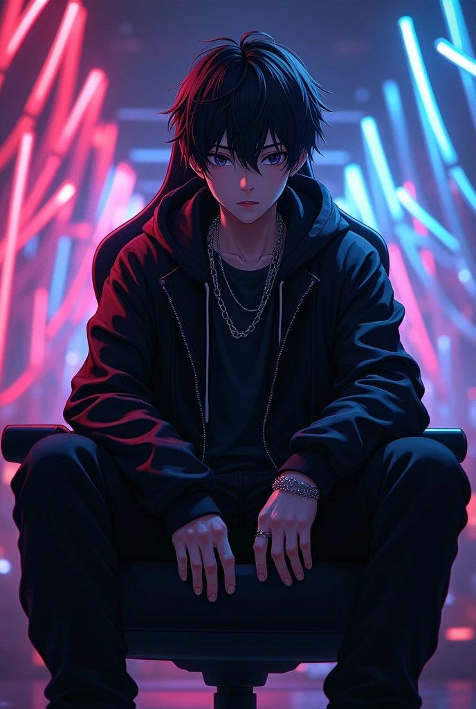 Young man with black hair , black eyes, Black baggy coat and black pants sitting on a gaming chair with LED lights in the background Anime