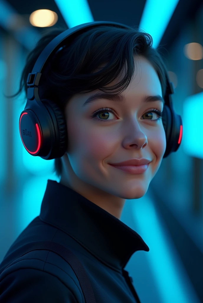 (photorealism:1.2), Please generate a profile picture with a sleek, modern tech theme, featuring shades of blue and black. The character should have a friendly expression, wearing wireless headphones, and the background should be a minimalistic abstract design that complements the tech vibe."