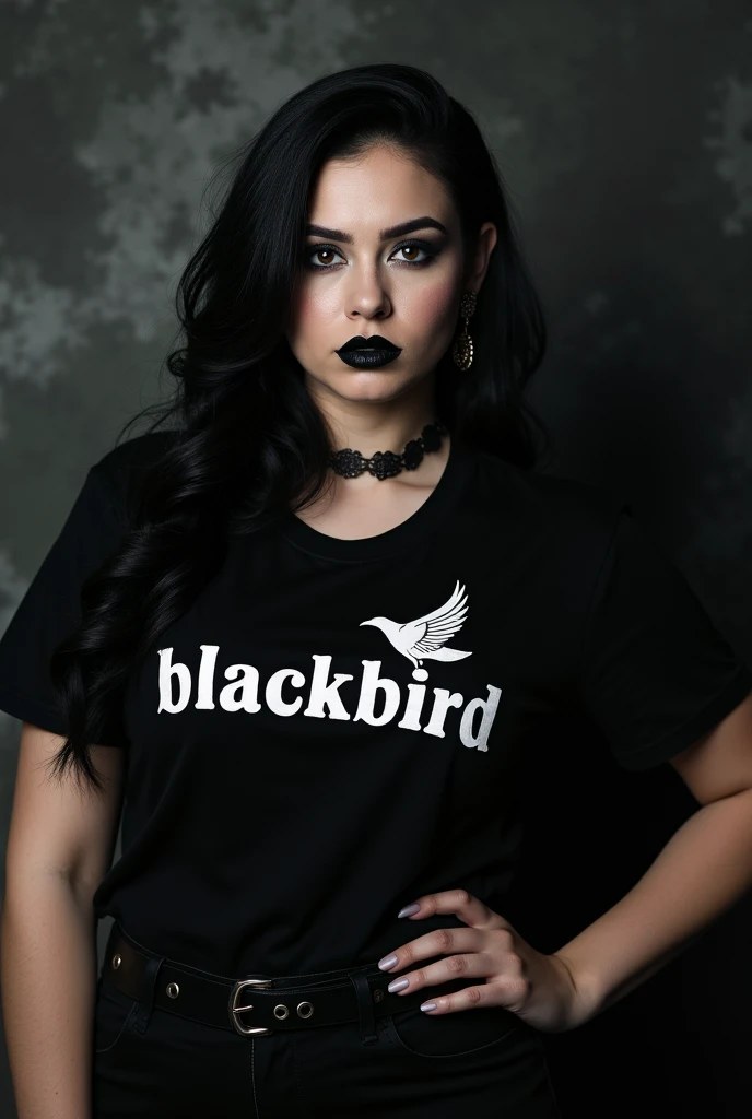 Black lipstick beautiful, full body, gothic, rocker, wearing a t-shirt with the text "Blackbird"