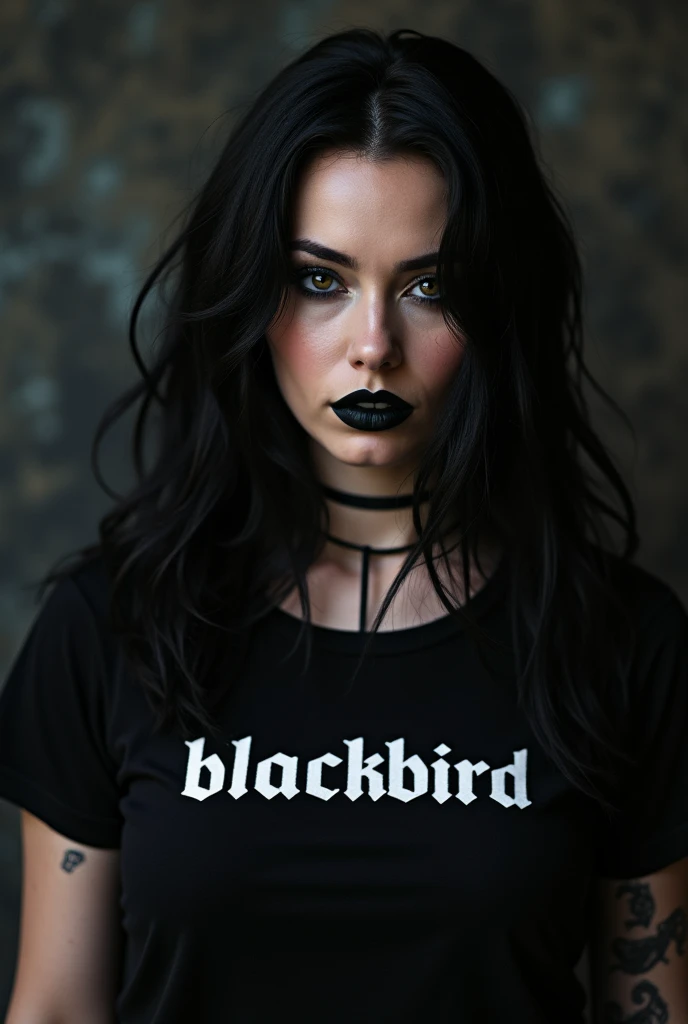 Black lipstick beautiful, full body, gothic, rocker, wearing a t-shirt with the text "Blackbird"