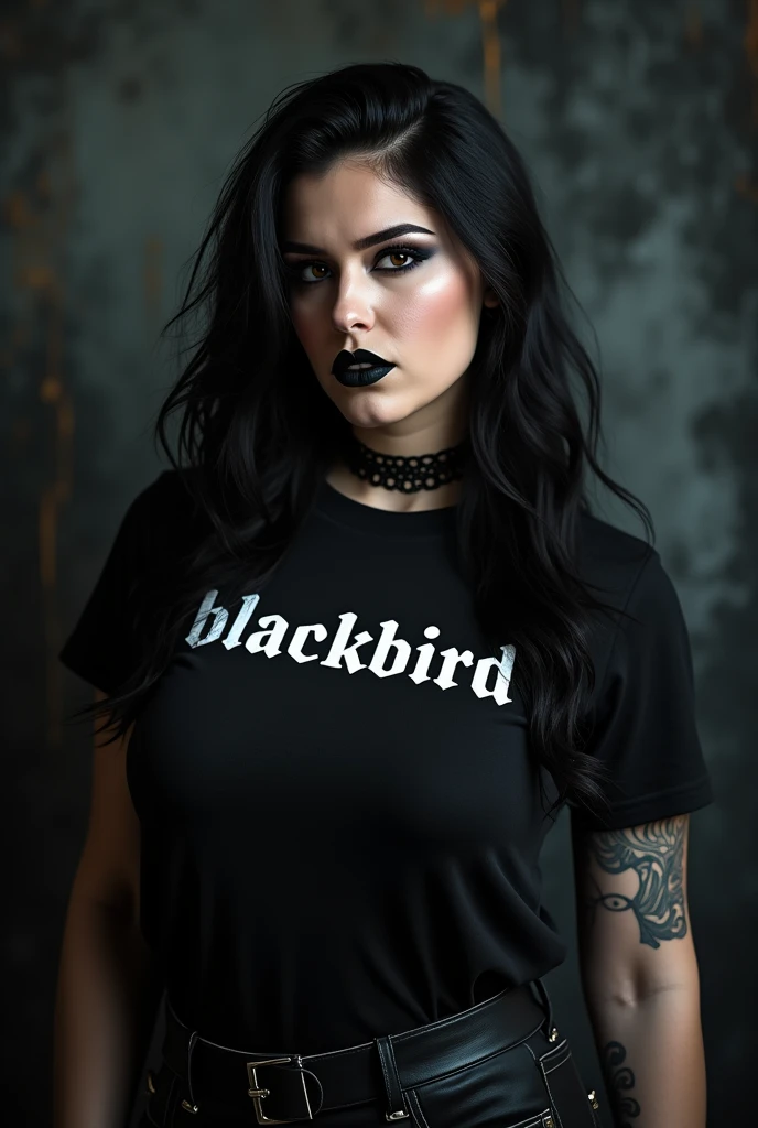 Black lipstick beautiful, full body, gothic, rocker, wearing a t-shirt with the text "Blackbird"