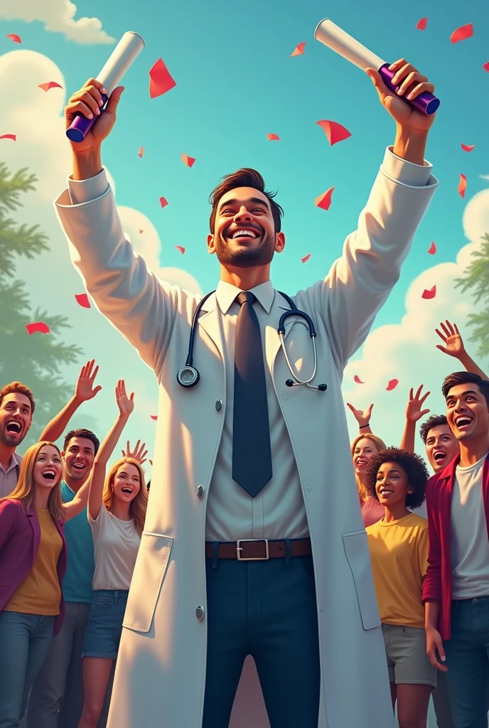 Give me an image that represents the importance of investing in education where you show me a doctor with a degree and growing up in a setting where they give him a diploma with many happy people and in a corner a poor person envious of everything.