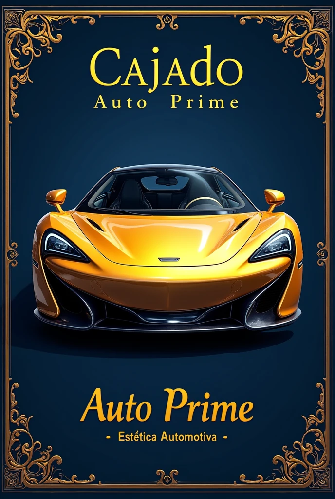 a banner for the company with the logo: Cajado Auto Prime Estética Automotiva in Portuguese. Navy blue, gold and white colors. azul marinho. luxury golden car, Social realism, outside border, masterpiece, highres, high details, UHD, super detail