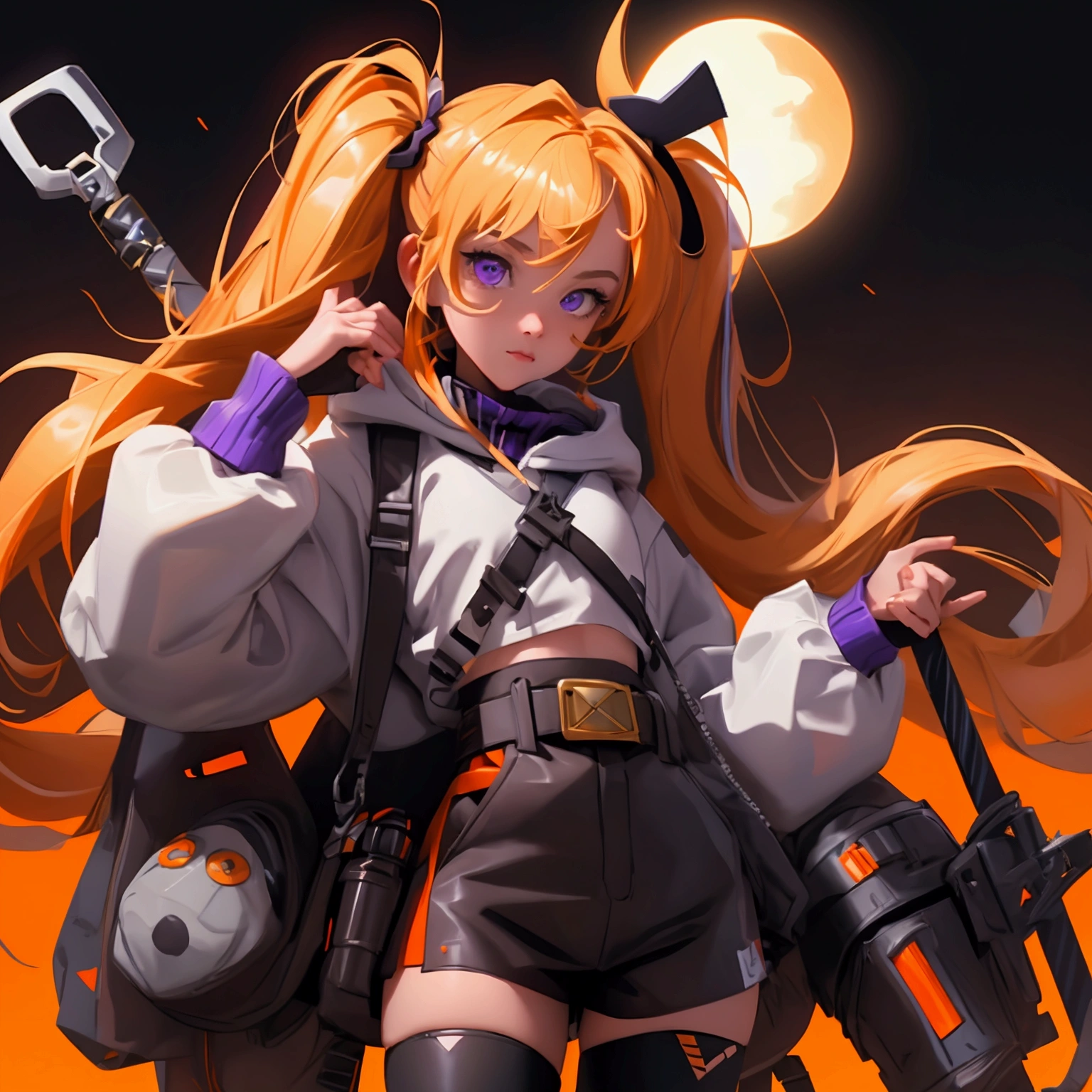 envision a 8k, highres, cinematic, close up beautiful portrait of a short girl named Gigi Murin with dark brown and blonde multicolored hair in twin tails, a tail, purple eyes, wearing an animal hood, hood up, orange jacket, cropped jacket, white shirt, mechanical gauntlets, orange belt, black shorts, single thighhigh, striped thighhigh against a dark background