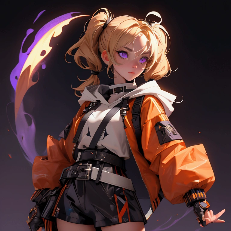 envision a 8k, highres, cinematic, close up beautiful portrait of a short girl named Gigi Murin with dark brown and blonde multicolored hair in twin tails, a tail, purple eyes, wearing an animal hood, hood up, orange jacket, cropped jacket, white shirt, mechanical gauntlets, orange belt, black shorts, single thighhigh, striped thighhigh against a dark background