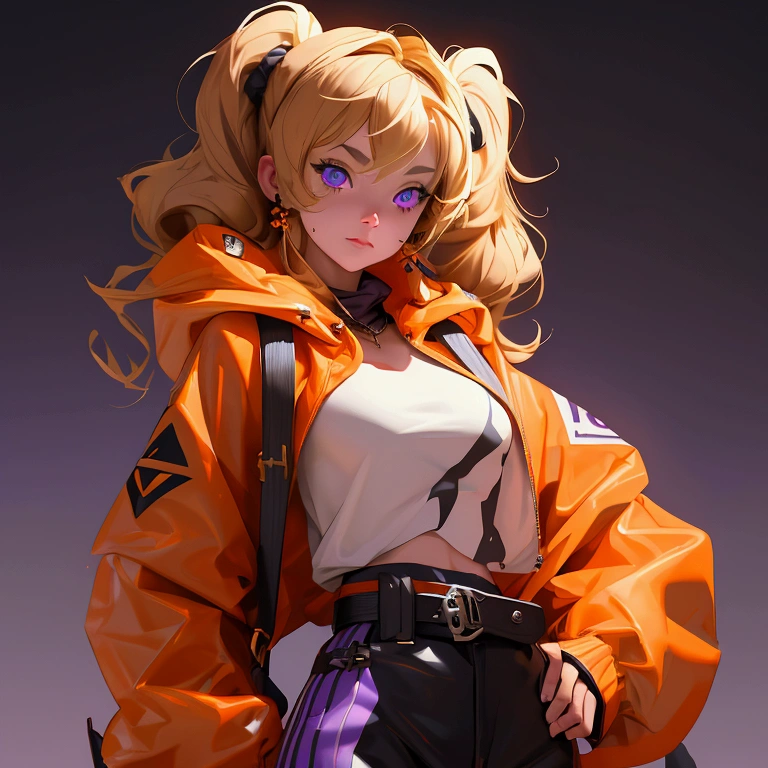 envision a 8k, highres, cinematic, close up beautiful portrait of a short girl named Gigi Murin with dark brown and blonde multicolored hair in twin tails, a tail, purple eyes, wearing an animal hood, hood up, orange jacket, cropped jacket, white shirt, mechanical gauntlets, orange belt, black shorts, single thighhigh, striped thighhigh against a dark background