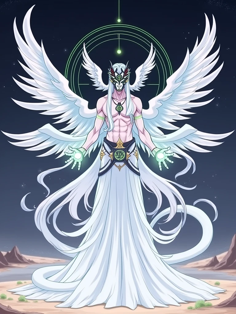 masterpiece, best quality, ultra high res, beatiful, stunning, elegant, incredible details, detailed, aura, flying feathers, (dark green theme:1.1), glowing green eyes, cinematic lighting, ultra-high quality, 8k, full body, man, long flowing black hair, handsome, pale white skin, Black long skirt, (no shirt, abs:1.1), green details, (Dark magical energy enveloping arms:1.4), looking at viewer, posing, charging a green energy with hands, cifer ulquiorra, big claws, (full face black mask with green runes:1.2), (hundreds of black wings:1.3), (angelical black halo:1.25), (big black demonic tail:1.2), desert background, solo, crazy looking, menacing, (anime style:1.5)