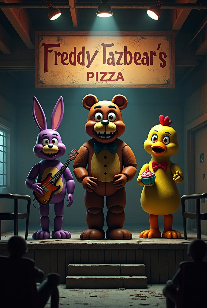 A half-abandoned pizzeria with Freddy Fazer Pizza's written on top,This pizzeria has three large animatronics on stage singing, which are a bear with a microphone named Freddy.,a purple rabbit with a guitar named Bonnie and a yellow chicken named Chica holding a cupcake