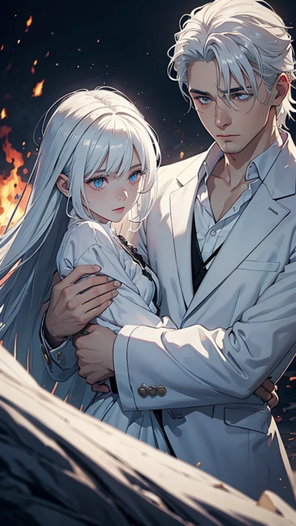 A man with white hair and white clothes, holding an unconscious girl in his arms while staring at a burning kingdom in the background