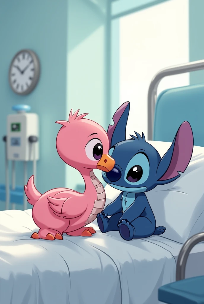Baby flamingo and Stitch injured in hospital sad crying cartoon