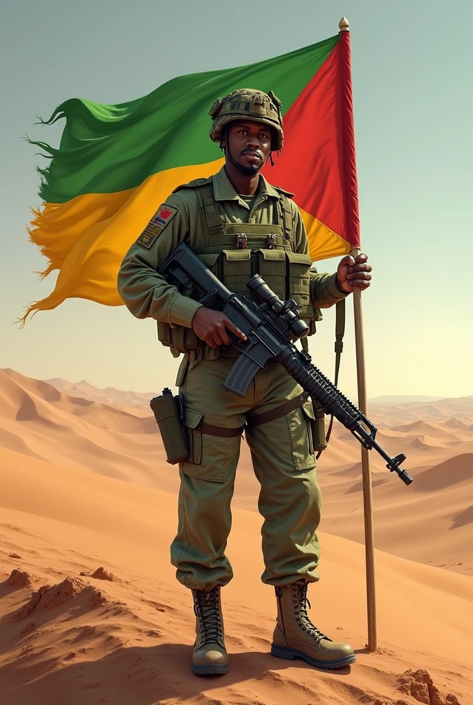 Generated a Malian soldier with the flag of Mali