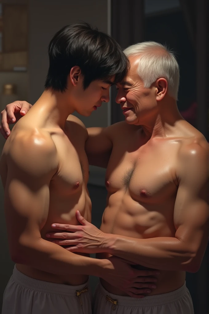 Asian Man ,Black Hair, naked, touching the intimate part of another Asian Man with white hair