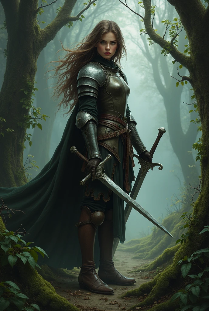 young woman knight herbalist with brown hair and amber eyes with her weapon in dark fantasy style