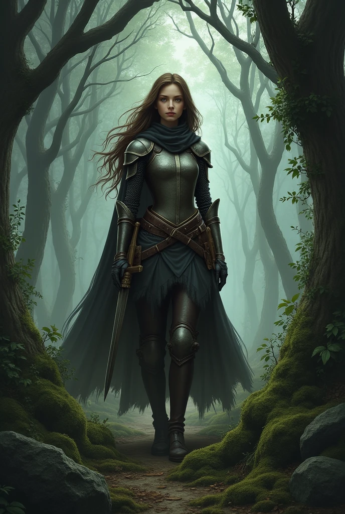 young woman knight herbalist with brown hair and amber eyes with her weapon in dark fantasy style