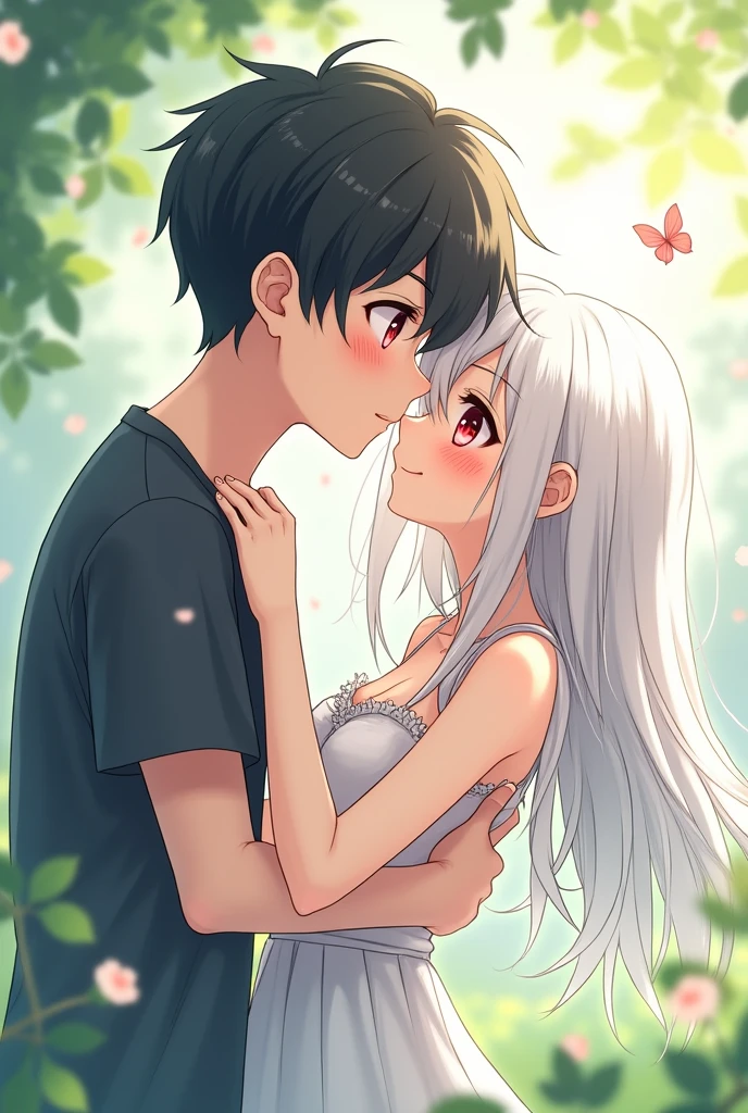 Anime boy with black hair and red eyes kissing a white haired anime ??????? the forehead