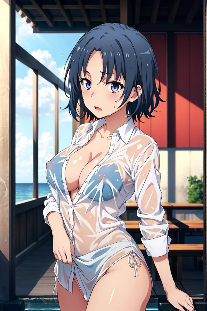 ((Highest quality, High resolution, Pixel perfect, 4K)), (1 person), (Beautiful Anime),
Observe the audience,
Perfect body, Adult women short hair , Bright blue hair 、Side part、 Forehead 、Super big breasts 、( Purple eyes ) 、 Detailed eyes、
(blush), Embarrassing 、Climax 、Please open your mouth slightly、Provocative look 、
(Very wet shirt 1.2) 、 The shirt is wet and see-through. 、 Wet skew 、( Erect nipples ) 、 Cleavage 、
Cowboy Shot 、 first round