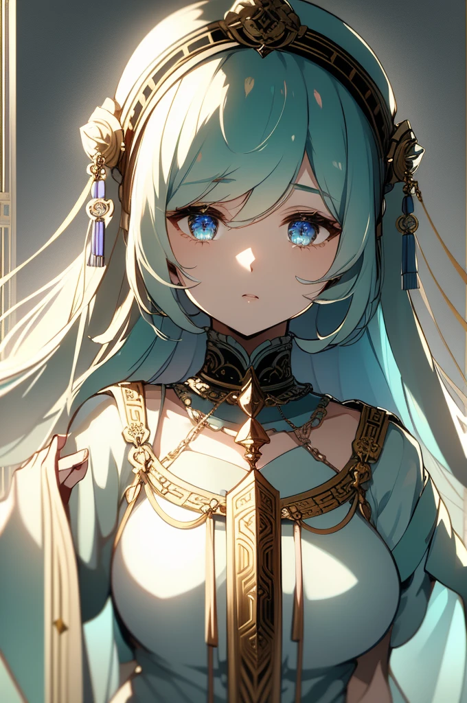 1 girl close up on face, beautiful and aesthetic, gorgeous, masterpiece, Best Quality, fantastic atmosphere, Soothing palette, Quiet, Soft shading, priestess with many chains around her body