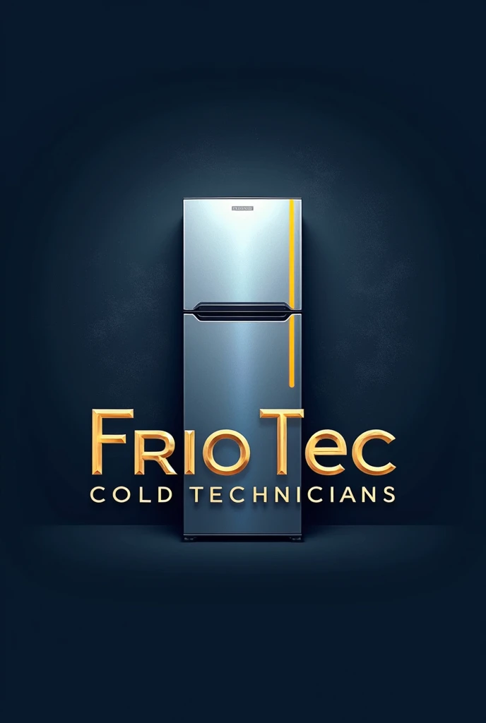 Generate a logo with the dominant silhouette of a refrigerator with the name frio tec and the slogan cold technicians using the colors silver blue and gold