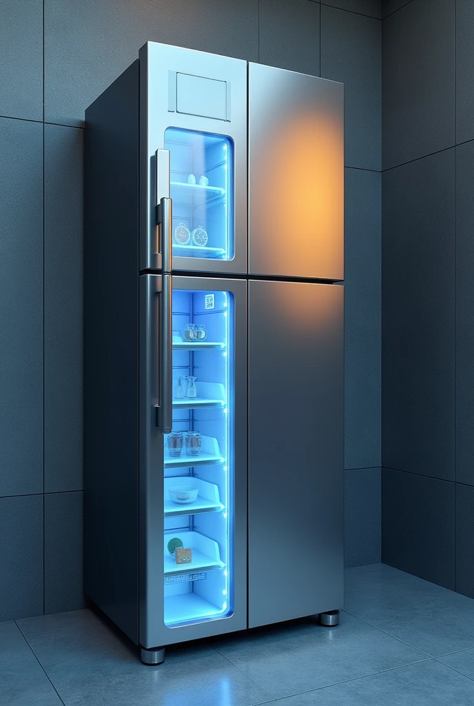 Generate a logo with the dominant silhouette of a refrigerator with the name frio tec and the slogan cold technicians using the colors silver blue and gold