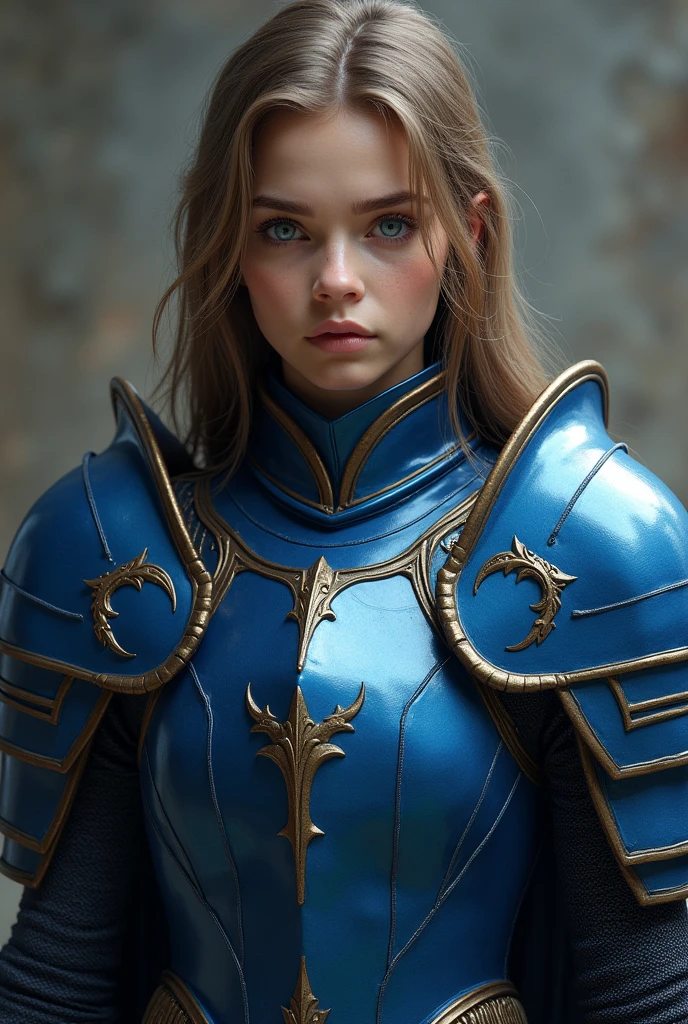 raise a young woman, with blue armor and straight, light brown hair