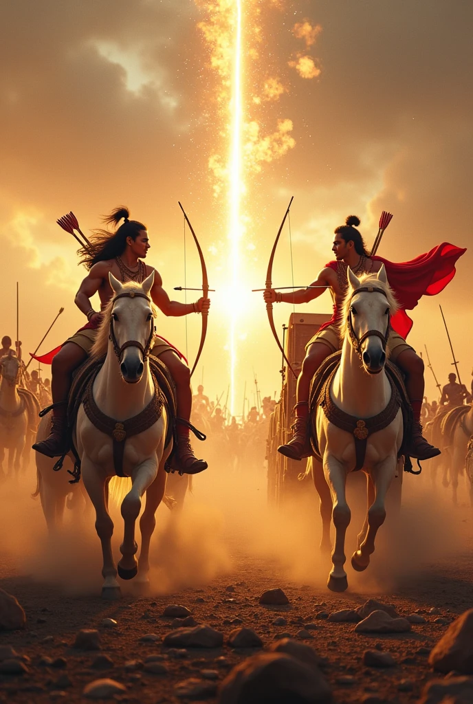 Show Karna and Arjuna standing on their chariots, locked in a fierce battle. Karna’s bow is drawn, his expression intense, while Arjuna mirrors him. Both chariots are being pulled by white horses, with dust and debris rising around them. The background is a war-torn battlefield with distant warriors clashing. Highlight the power of their arrows as they collide mid-air, radiating energy.