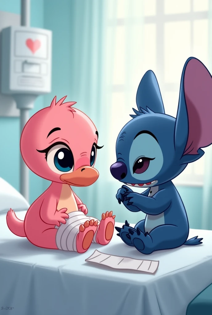 Baby flamingo and Stitch injured in hospital sad crying cartoon