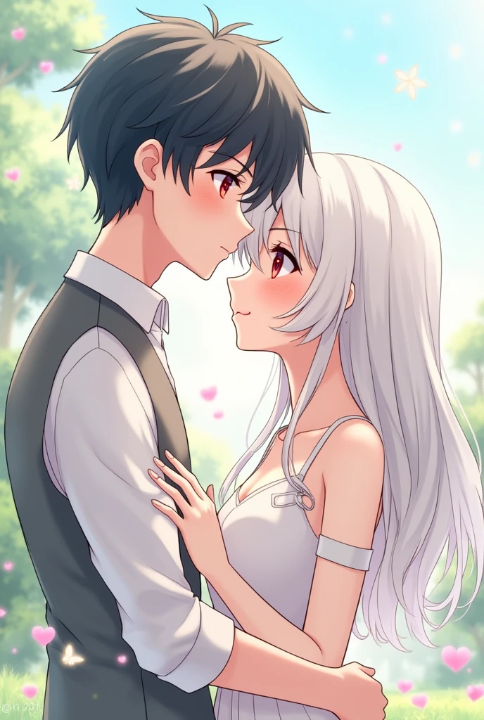 Anime boy with black hair and red eyes kissing a white haired anime girl on the forehead