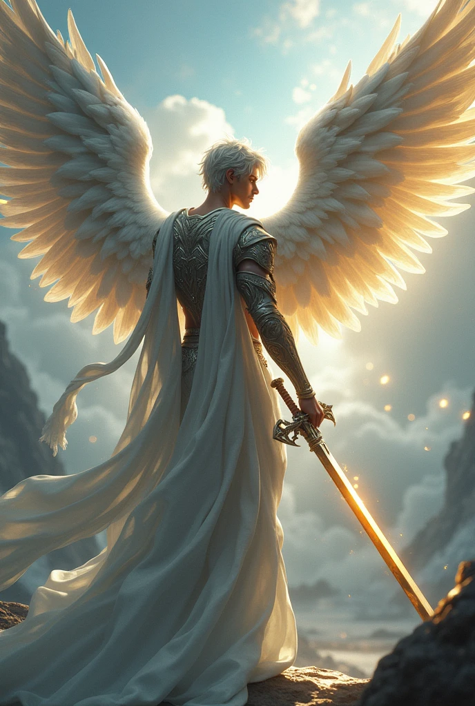 Make a male angel with a sword with his wings spread out facing away

