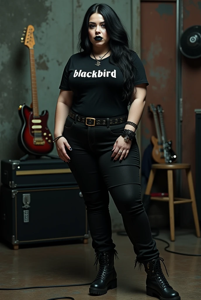 Black lipstick beautiful, full body, gothic, rocker, wearing a t-shirt with the text "Blackbird", leather boots, an electric guitar behind her