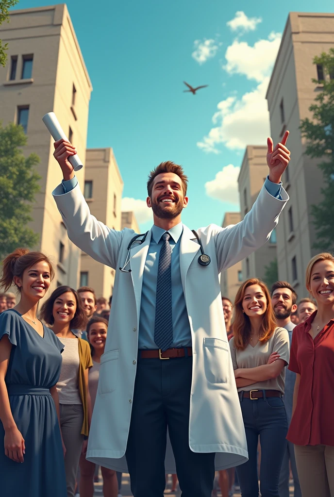 Give me an image that represents the importance of investing in education where you show me a doctor with a degree and growing up in a setting where they give him a diploma with many happy people and in a corner a homeless person wanting everything from that doctor with a sad face.