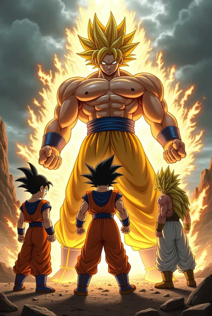 Create an epic image where Gohan and Vegeta team up and fight Broly 