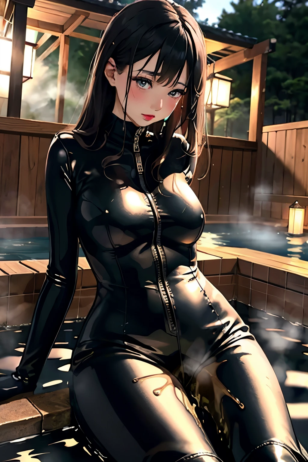 highres, beautiful women, high detail, good lighting, lewd, hentai, (((black leather catsuit shorts))), (((leather thigh high boots))), black leather gloves, bare thighs, bare arms, (((wetting herself))), (((peeing herself))), (((peeing self))), (pee streaming down legs), peeing stain, (puddle), (thick thighs), nice long legs, lipstick, detailed face, pretty face, embarrassed blushing face, humiliated, ((in outdoor onsen bathing)), hihelz