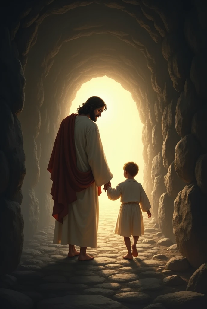 Jesus walking holding the hand of a white child with his back turned in a place similar to a very dark tunnel on the way to the light size 4x4