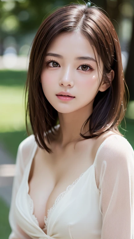 Highest quality、8k傑作、Ultra-high resolution、(Photorealistic:1.3)、RAW Photos、1 person、Brown hair short bob、Glowing Skin、1 personの超美人女子大生、((Ultra-Realistic Details))、Portrait、Global Illumination、Shadow、Octane Rendering、8k、Super sharp、Very intricate details、Realistic Light、CGSoation Trend、Beautiful Eyes、Shining Eyes、To the camera、White shirt、sheer、blush、Cleavage、Half-dressed