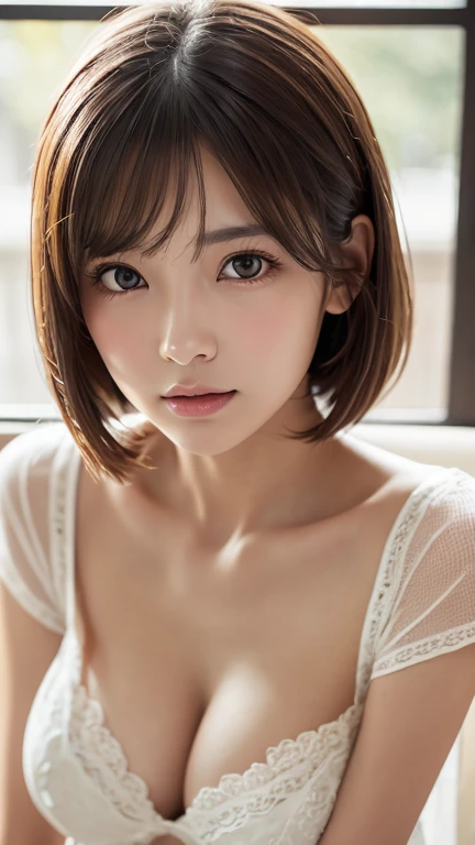 Highest quality、8k傑作、Ultra-high resolution、(Photorealistic:1.3)、RAW Photos、1 person、Brown hair short bob、Glowing Skin、1 personの超美人女子大生、((Ultra-Realistic Details))、Portrait、Global Illumination、Shadow、Octane Rendering、8k、Super sharp、Very intricate details、Realistic Light、CGSoation Trend、Beautiful Eyes、Shining Eyes、To the camera、White shirt、sheer、blush、Cleavage、Half-dressed