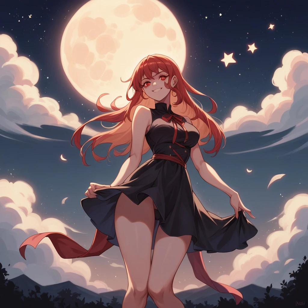 masterpiece, best quality, detailed, 1girl, solo, night sky, outdoors, full moon, stars, clouds, night,,  dark sakura, (black dress), long hair, evil smile, red ribbon, striped, thighs, nsfw